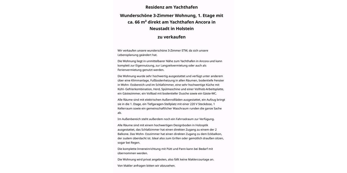 Etagenwohnung Neustadt in Holstein - 3 Zimmer, 66 m&sup2;, 445.000&euro; | Angebot:25151972