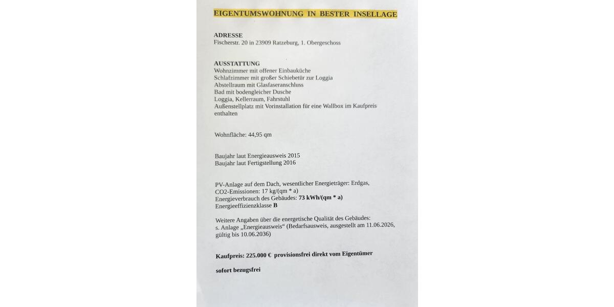 Etagenwohnung Ratzeburg - 2 Zimmer, 45 m&sup2;, 225.000&euro; | Angebot:26996710