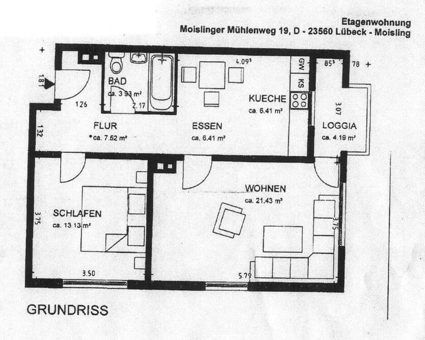 Gepflegte 2 Zimmer-Wohnung mit Loggia und PKW-Stellplatz in 23560 Lübeck, Moislinger Mühlenweg 2 zimmer